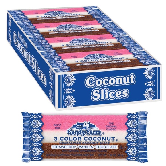 Neapolitan Coconut Slice Candy Bars (Van,Choc,Stra - Picture 1 of 4